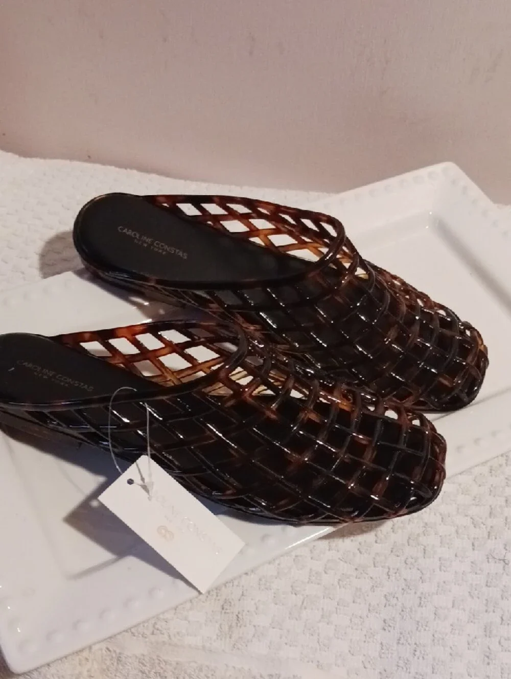 Gorgeous! Caroline Constas ⚜️Brown Tortoiseshell Weave Jelly Slide Mules 10 - Picture 7 of 9